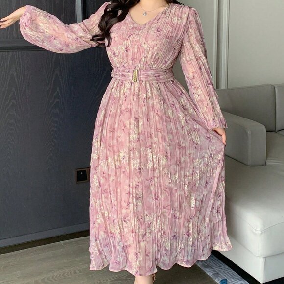 Pink Elegant Women's Plus Plus Size Floral Pattern V-Neck Lantern Sleeve Dress - Picture 3 of 8